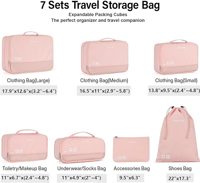 Hanke 7 Set Compression Packing Cubes for Travel, Expandable Large Packing Cubes for Suitcases and Backpack, Luggage Packing Organizer Bags with Double Zipper as Travel Essentials