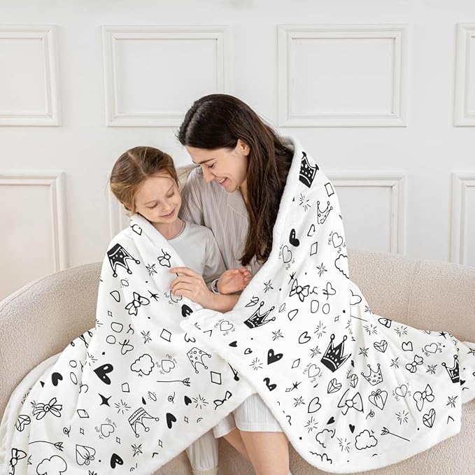 Cartoon Crowns Kids Throw Blanket,Bowknot Diamond Cute Bed Blanket for Girls Boys Adults,Starry Sky Romantic Fleece Blanket,Black White Unique Fuzzy Blanket,40 x 50 Inches