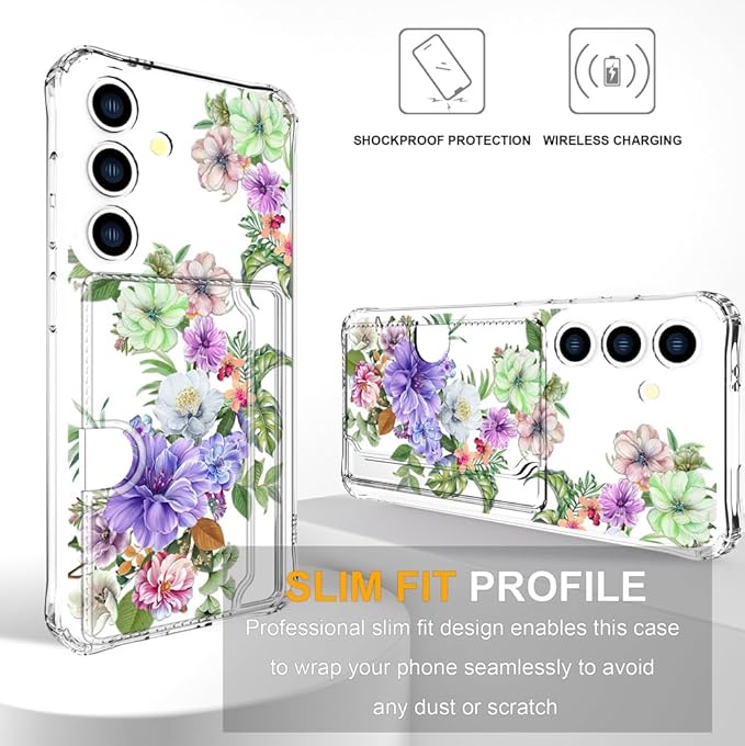 Compatible with Samsung Galaxy S24+ Plus / S25+ Plus Case Card Holder for Women Cute Design,Wallet Phone Cases Transparent Cool Kawaii Protective (Clear Impressive Flowers)