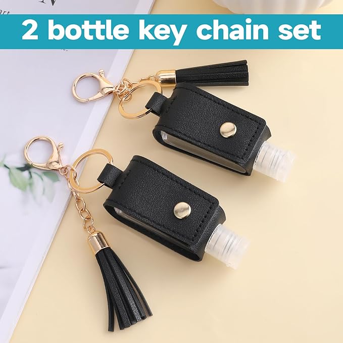 2 Pcs Portable Handwashing Fluid Holder Bottles with Keychain, Refillable Travel Containers, 1oz/30ml Squeeze Bottles for Toiletry Lotion Liquid Soap Shampoo (Black)