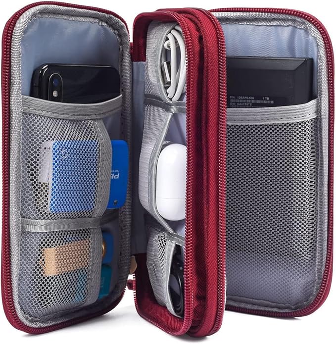 CAOODKDK Electronics Accessories Organizer Pouch Bag, Travel Universal Organizer for Cable, Charger, Phone, SD Card, Business Travel Gadget Bag (Wine Red)