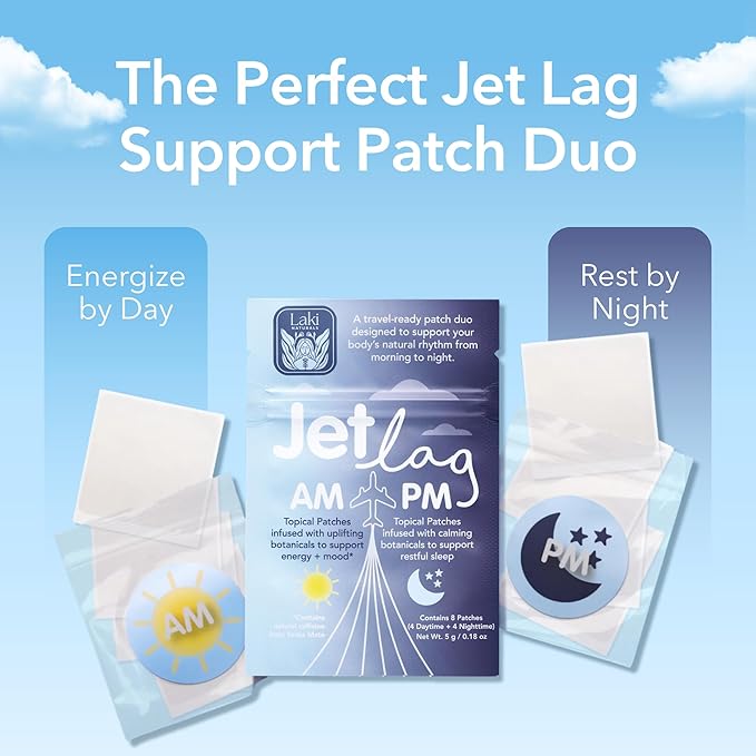 Laki Naturals Jet Lag AM & PM Travel Patches (1 Count, Pack of 8) – Natural Day & Night Support for Travelers – Energy, Focus & Restful Sleep – with B12, Valerian, Lavender & More