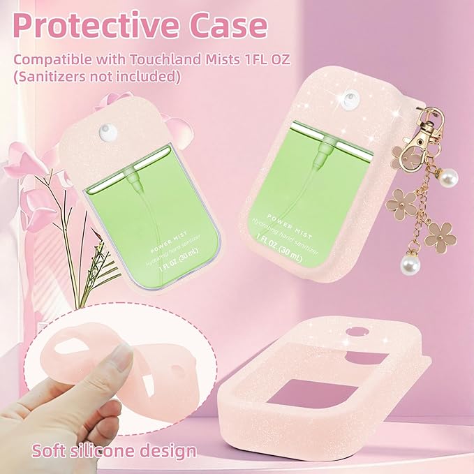 Silicone Case Compatible with Touchland Hand Sanitizer Spray Mist 1 oz with Flower keychain