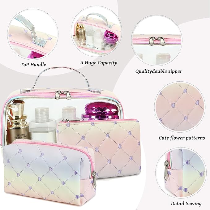 Bluboon 3Pcs Makeup Toiletry Bag for Women, Clear Packing Cubes Cosmetic Bag for Travel Women With Zipper Travel Essentials (Rainbow Heart 2)