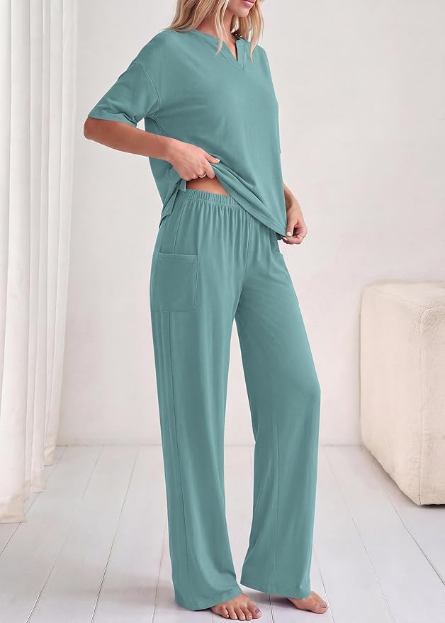 KIRUNDO Womens 2 Piece Matching Lounge Set Airport Travel Vacation Summer Outfits Oversized Short Sleeve Tops Wide Leg Pants