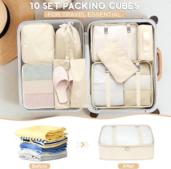 10 Set Packing Cubes for Travel, Travel Packing Cubes with Hanging Toiletry Bag and Shoe Bag, Suitcase Luggage Organizer Bags for Travel Essentials Women Men