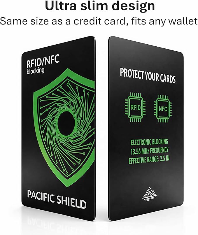 PACIFIC SHIELD RFID Blocking Card (4 Pack) - Secure your Wallet - Premium Protector for Credit Card, Debit Card, ID and Passport - NFC Blocker Travel Defender