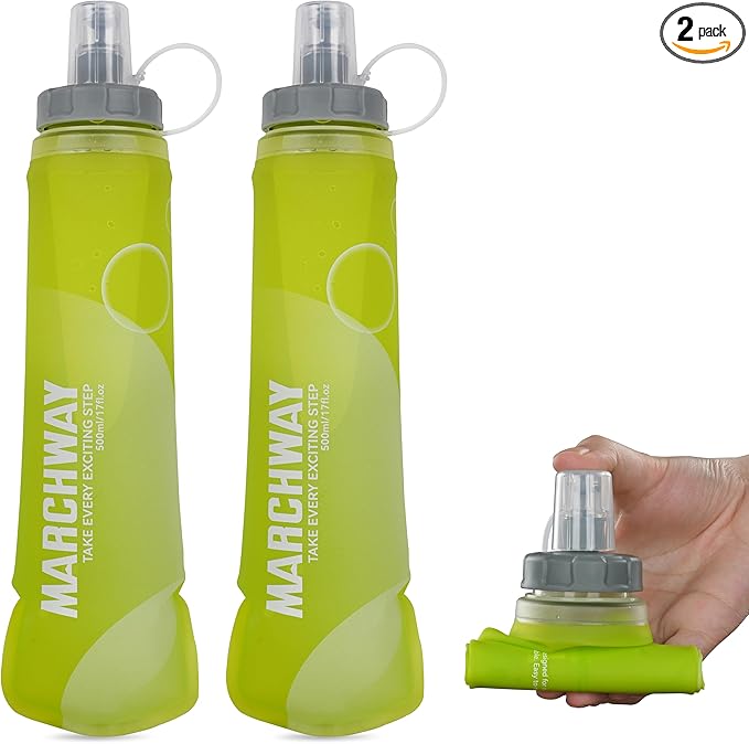 MARCHWAY Soft Hydration Flask with Wide Mouth, 300ml/500ml Collapsible TPU Water Bottle, Leakproof Portable Flexible for Running, Hiking, Cycling, Climbing, Gym, Travel (2pcs Yellow 500ml)