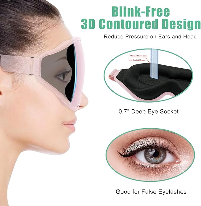 BeeVines 2 Pack 3D Contoured Sleep Mask Eye Mask for False Eyelash Extensions for Men & Women, Eye Mask for Sleeping with Adjustable Strap, 100% Blackout Eye Covers Night Blindfold for Yoga Travel