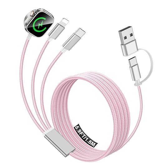 Travel Essentials for Apple Watch Charger,iPhone Charger,3 in 2 Multi Charging Cable,Type C/Magnetic Fast Charging Cable [Portable] for iWatch Series Ultra/11/10/9/SE,iPhone 17-11-6FT Pink