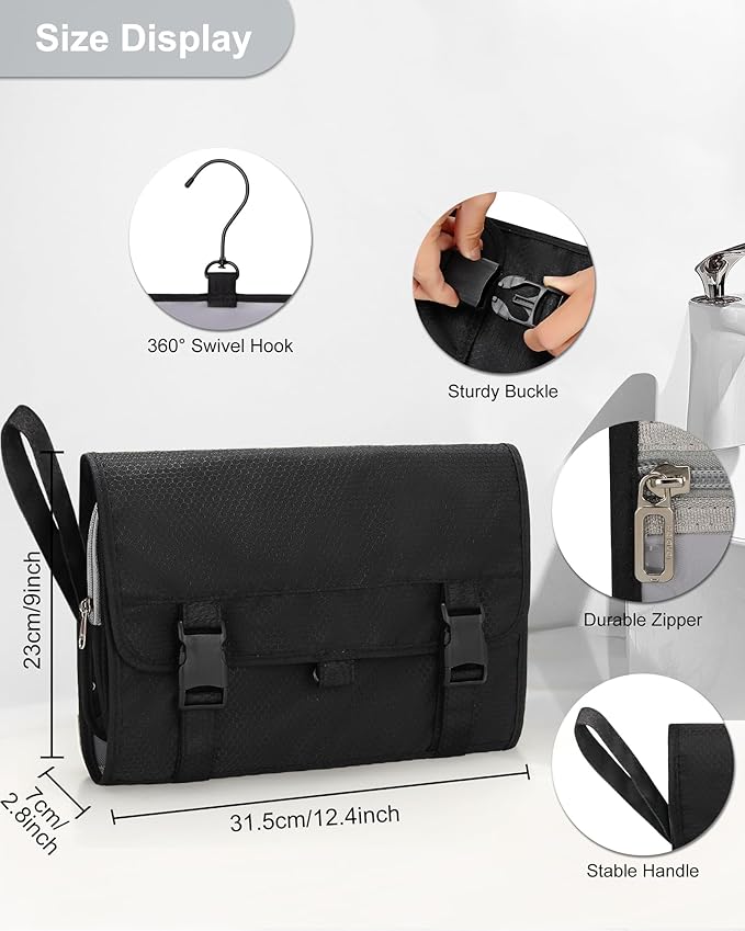 Relavel Large Toiletry Bag Travel Bag for Men, Travel Hanging Toiletries Bag with Hanging Hook, Large Capacity Door Room Essentials, Travel Organizer for Full Sized Cosmetics and Accessories - Black