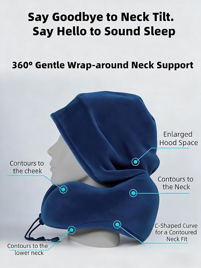 Travel Neck Pillow with Extra Large Hood Rollable Airplane Hooded Neck Pillow with Memory Foam Filling and Removable, Skin-Friendly Cover with a Carrying Pouch