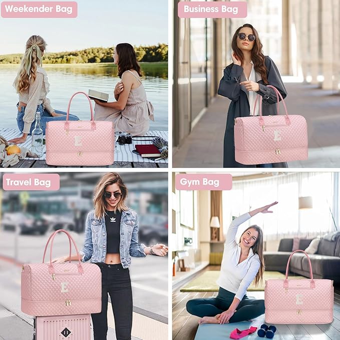 Letter Weekender Bags for Womens - Duffle Bag with Shoe Compartment Personalized Overnight Bag with Toiletry Bag Duffel Bags for Gym Hospital Bags Gift for Women Pink (Letter E)