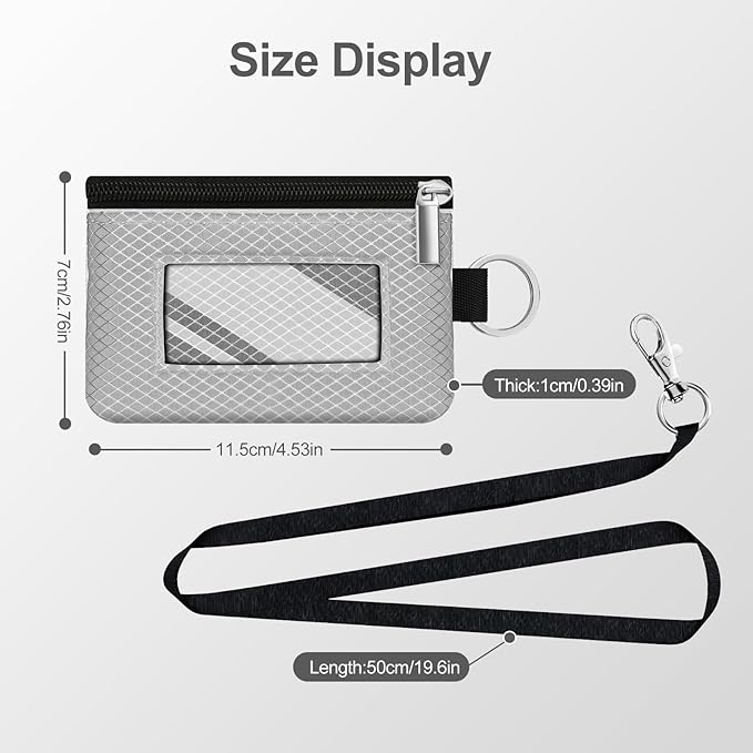 Minimalist RFID Blocking Small Wallet with ID Window,WaterResistant Zip Id Case Wallet with Lanyard Keychain for Cards,Cash,Travel,Women,Men (Light gray)