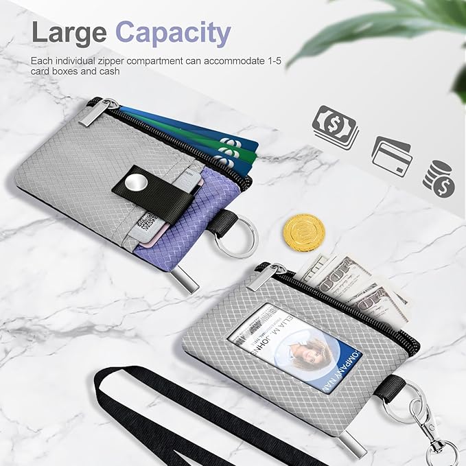 Minimalist RFID Blocking Small Wallet with ID Window,WaterResistant Zip Id Case Wallet with Lanyard Keychain for Cards,Cash,Travel,Women,Men (Light Gray/Lavender Purple)