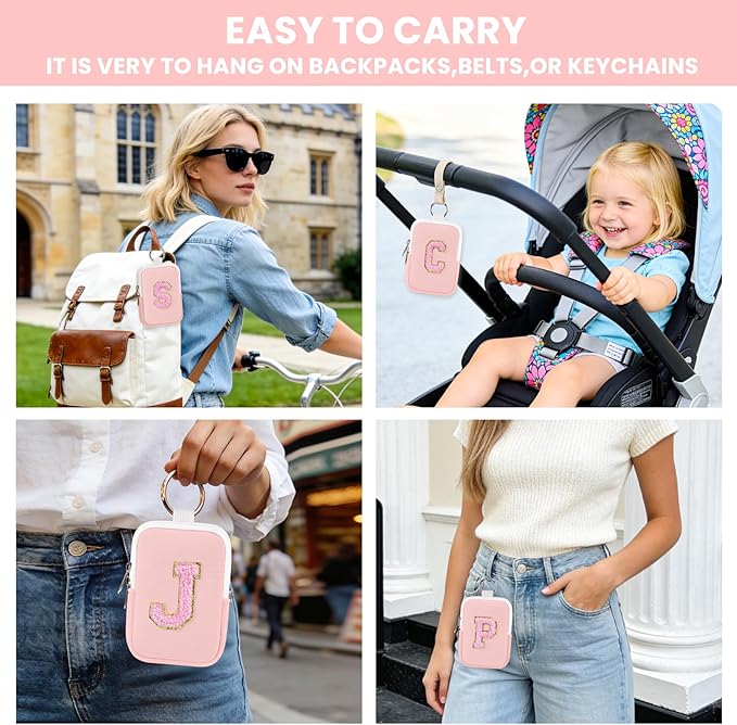 Shenier Alphabet Zippered Case with Keychain, Cute Design, Compatible with Touchland Power Mist Gentle/Glow Mist Hand Sanitizer Spray, Pink-J