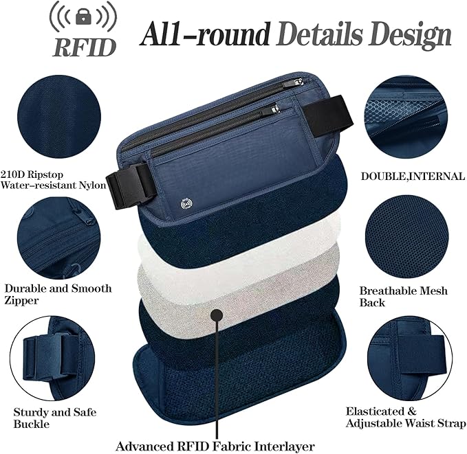 Blue Hidden Money Belt for Travel for Men, Waist Wallet Anti Theft, RFID Passport Holder For Travel Men Or Women, Money Pouch, RFID Passport Holder
