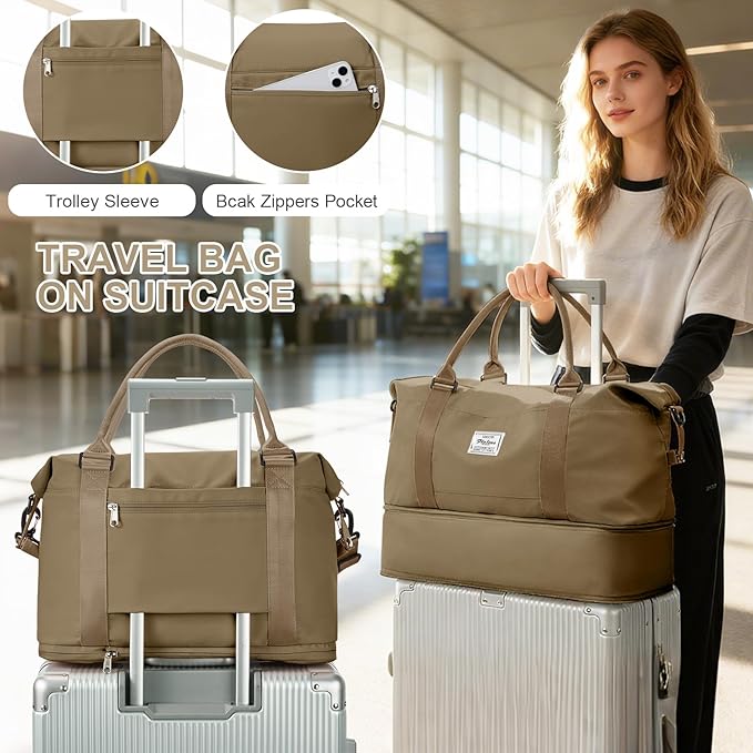 Travel Duffel Bag, 18x14x8 Inches Travel Bag Spirit with Shoes Compartment, Weekender Overnight Bag for Women with Trolley Sleeve, Carry On Bag for Airplanes Sport Tote Gym Bag(Khkai).