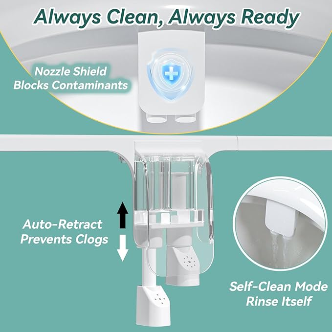 ‌BIGCOW Ultra-Slim Bidet Attachment, Self-Cleaning Dual Nozzle (Front/Rear Wash), One-Finger Command, Ergonomic 3+1 Tactile Controls, Pressure Dial & Tool-Free Install, Instant Hygiene Upgrade