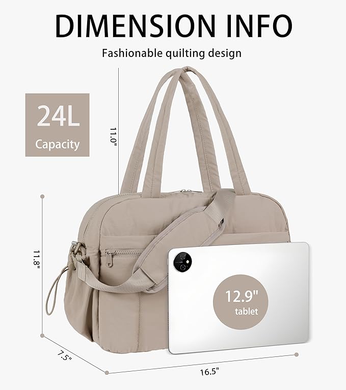 Lightweight Travel Duffle Bag for Women, Quilted Puffy Weekender with Wet Pocket for Gym, Overnight, Personal Item Carry On, Camel