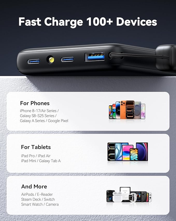 INIU Portable Charger, Smaller & Lighter 45W Fast Charging with Attached USB C Cable, Flight-Safe 10000mAh PD Power Bank Battery Pack, Travel Phone Powerbank for iPhone 17 16 15 Samsung S25 Google etc