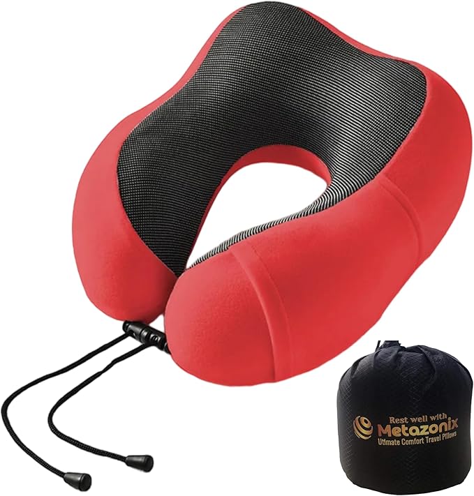 Travel Pillow - 100% Memory Foam - Travel Pillows for Airplane - Neck Pillow Airplane and Car Use - Memory Foam Travel Neck Pillow - Travel Essentials for Women and Men (Candy Apple Red)
