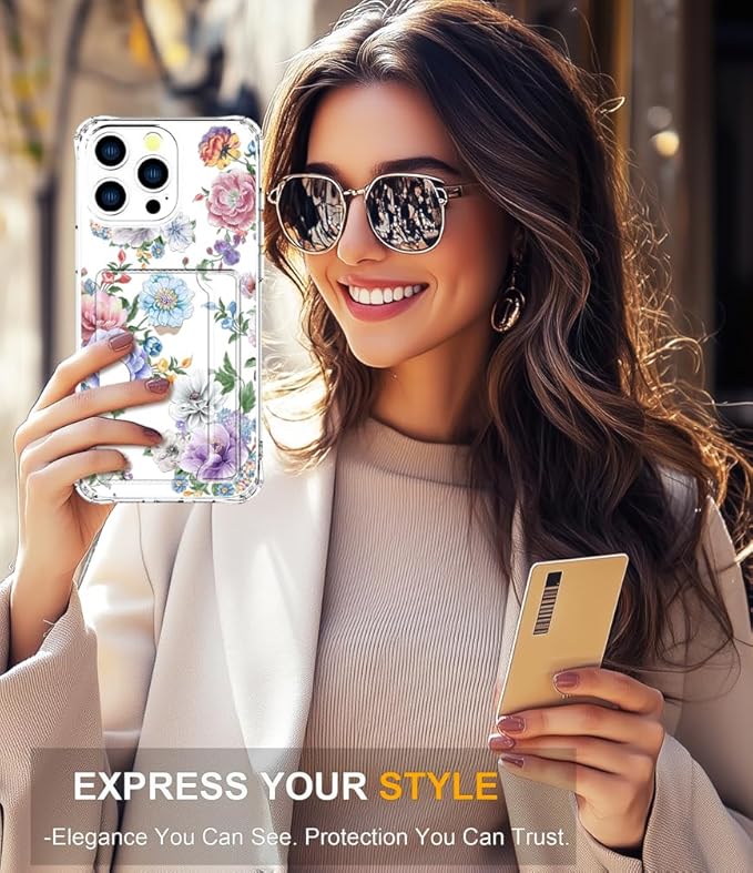 Compatible with iPhone 16 Pro Case Card Holder for Women Cute Design,Wallet Phone Cases Transparent Cool Kawaii Protective (Clear Amazing Lovely Flowers)