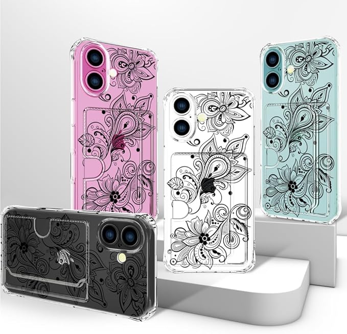 Compatible with iPhone 17 Case Card Holder for Women Cute Design,Wallet Phone Cases Transparent Cool Kawaii Protective (Clear Black Henna Flower)