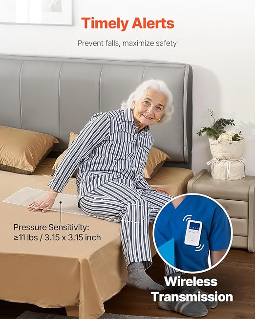 VEVOR Early Alert Bed Alarm System, Wireless Bed Sensor Pad with Call Button & Pager, Pre-Alert Safety Bed Alarms and Fall Prevention for Elderly, Dementia Patients, and Adults (10 x 35-inch)