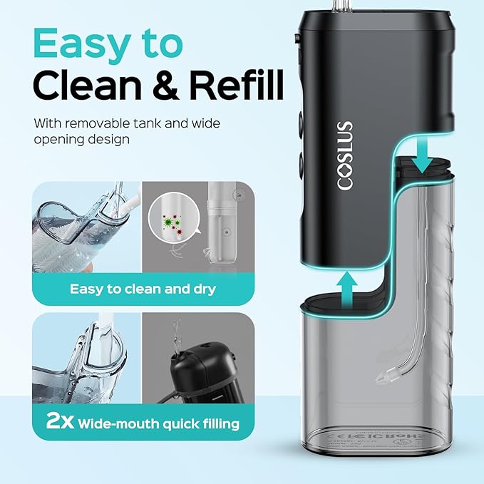 COSLUS T40 Mini Water Flosser for Travel: Portable Compact Design, Cordless Oral Irrigator with 4 Modes, Removable Tank, IPX7 Waterproof for Braces, Orthodontic, Sensitive Teeth On-the-Go Use, Black