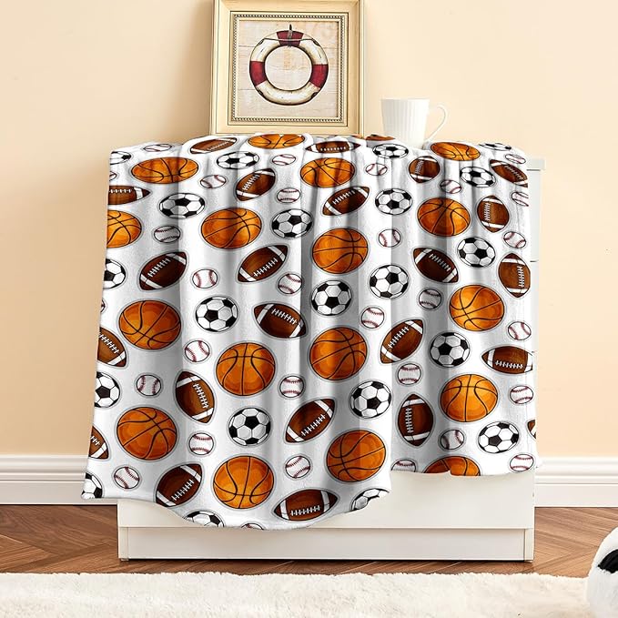 Wajade Sports Balls Blanket for Boys Soft Fleece Baseball Basketball Soccer Blanket for Couch Sofa Bedroom Fuzzy Flannel Blankets Birthday for Kids Boys 50"x60"