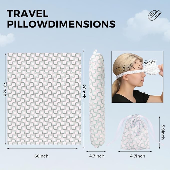 Travel Pillow with Detachable Flannel Blanket & Eye Mask – Plush Velvet Neck Support Pillow for Airplane,Car,Office Rest,Coordinated Digital Print Set (Green Pink Geometry, 60in * 79in)