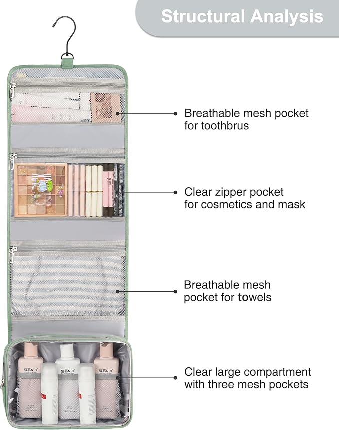 Relavel Travel Hanging Toiletry Bag for Women, Travel Wash Bag with 360° Rotation Hook, Waterproof Large Stand Up Toiletries Organizer for Bathroom Shower Camping - Green