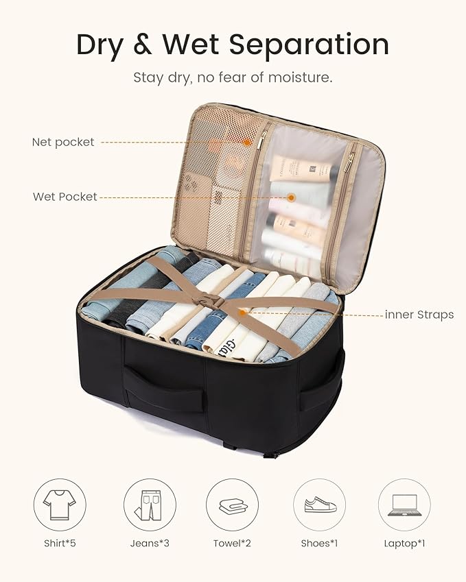 LOVEVOOK 40L Travel Backpack for Women Men, TSA Personal Item Travel Bag Fits 17.3inch Laptop, Waterproof Airline Approved Carry On Luggage With 2 Cubes for Weekender Hiking Business, Black