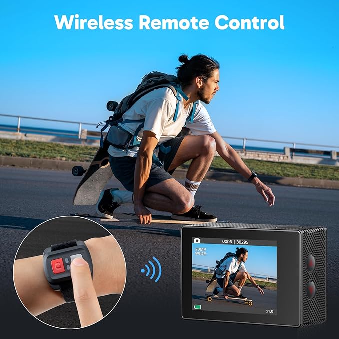 AKASO EK7000 4K30FPS 20MP WiFi Action Camera with 64GB MicroSD Memory Card Bundle EIS Ultra HD 131FT Waterproof Underwater Camera Remote Control 4X Zoom Support External Microphone Black