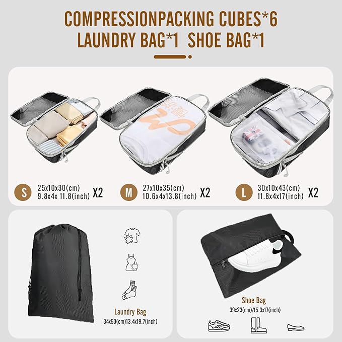 8 Set Compression Packing Cubes for Travel, Expandable Luggage Organizer with Shoe Bag & Laundry Bag - Lightweight Suitcase & Backpack Travel Essentials (Black)