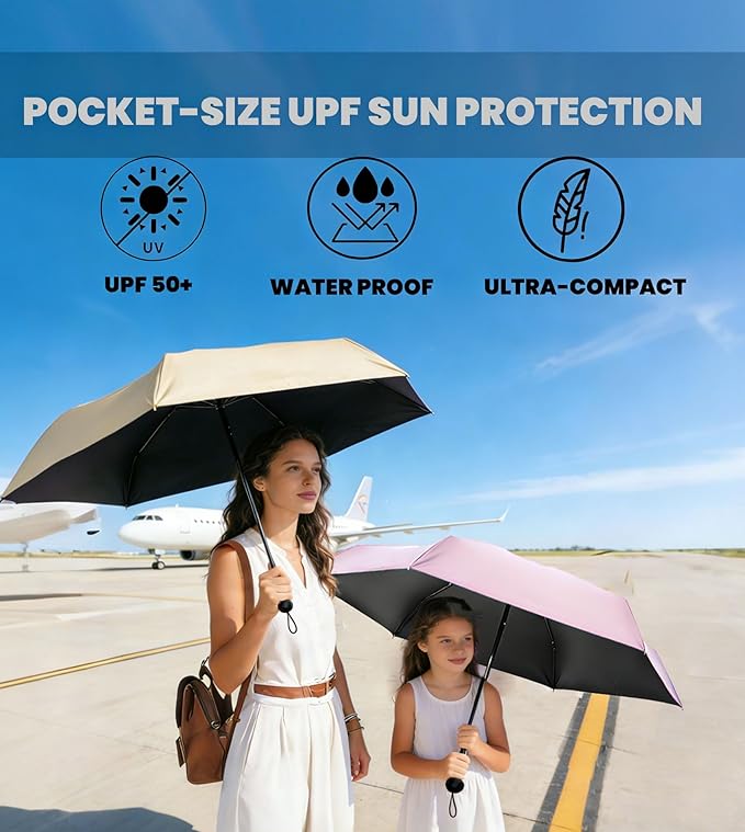 MRTLLOA Travel Essentials Mini Umbrella with Case for Purse - Small Compact & Lightweight, UV Sun Protection, Manual Open/Close for Pocket Umbrella(Women/Men/Kids)