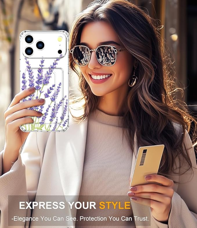Compatible with iPhone 17 Pro Case Card Holder for Women Cute Design,Wallet Phone Cases Transparent Cool Kawaii Protective (Clear Purple Lavender)