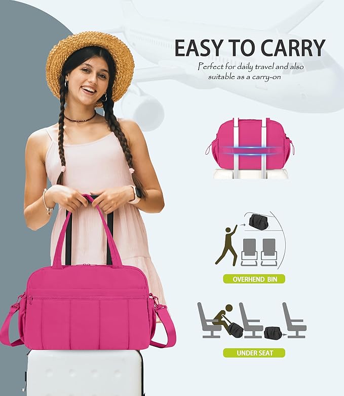 Lightweight Travel Duffle Bag for Women, Quilted Puffy Weekender with Wet Pocket for Gym, Overnight, Personal Item Carry On, Rose Red