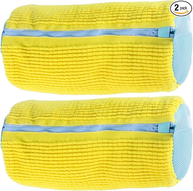 Shoe Washing Machine Bag 2 Pack with YKK Anti-Back Zipper, 360° Deep Clean Chenille Microfiber Shoe Laundry Bags for Washer & Dryer, Reusable Sneaker Washing Bag, Yellow