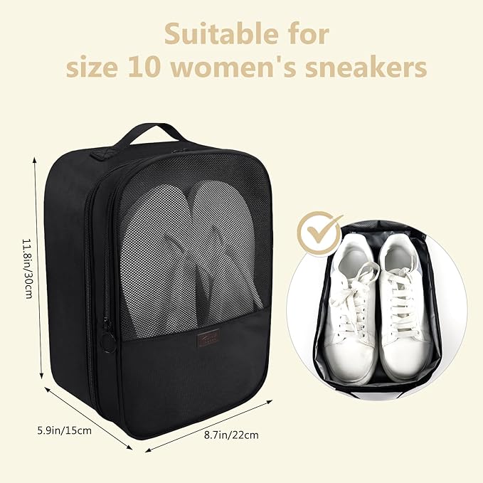 Aosbos 2 Layers Shoe Bags for Travel with Trolley Sleeve Portable Shoe Storage Pouch Shoe Packing Cubes with Structure, Black