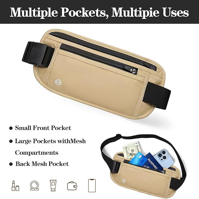 Khaki Hidden Money Belt for Travel for Men, Waist Wallet Anti Theft, RFID Passport Holder For Travel Men Or Women, Money Pouch, RFID Passport Holder