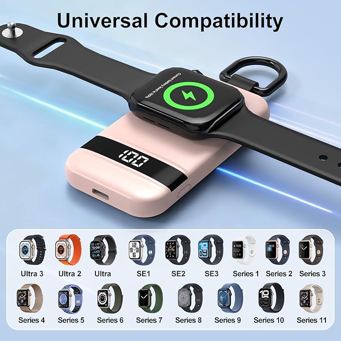 Portable Charger for Apple Watch, 2500mAh & Digital Display – Magnetic Fast Charging iWatch Charger for Travel – for Apple Watch Series 1-11/SE1-3/Ultra 1-3 (Pink)