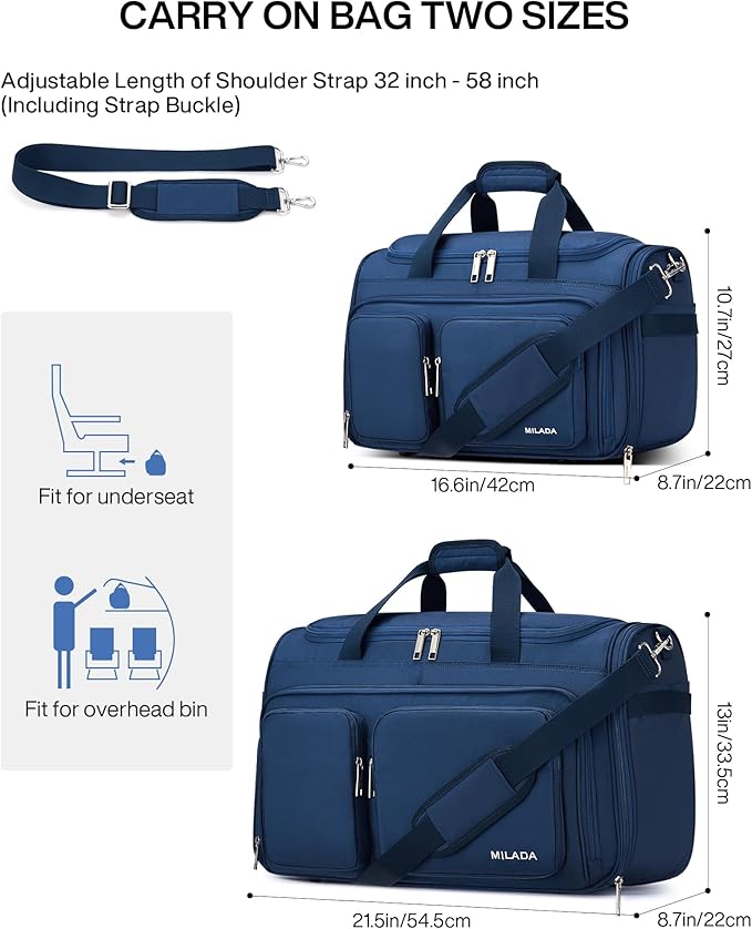 MILADA Carry On Luggage Bags for Travel Lightweight Personal Item Travel Bag Foldable Large Duffle Bag for Travel Tote Overnight Bags for Women Mens Weekender Bags, Blue