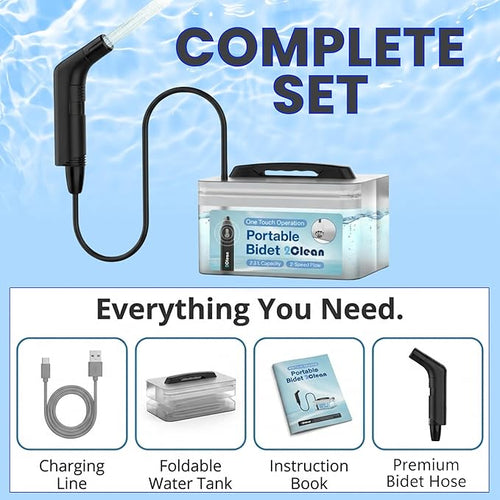 2Clean Portable Electric Travel Bidet - USB Rechargeable Bidet for Men and Women, Toilet Hygiene Solution with 2.3 Liter Container, Lightweight, Portable Device for Travel, Camping, Outdoor Living