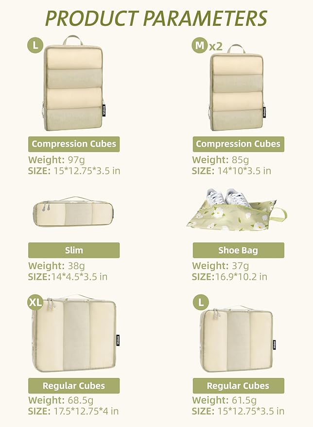 Bagail Ultralight Compression Cubes 7 Set - 3 Packing Cubes, 3 Organizers, and 1 Shoe Bag