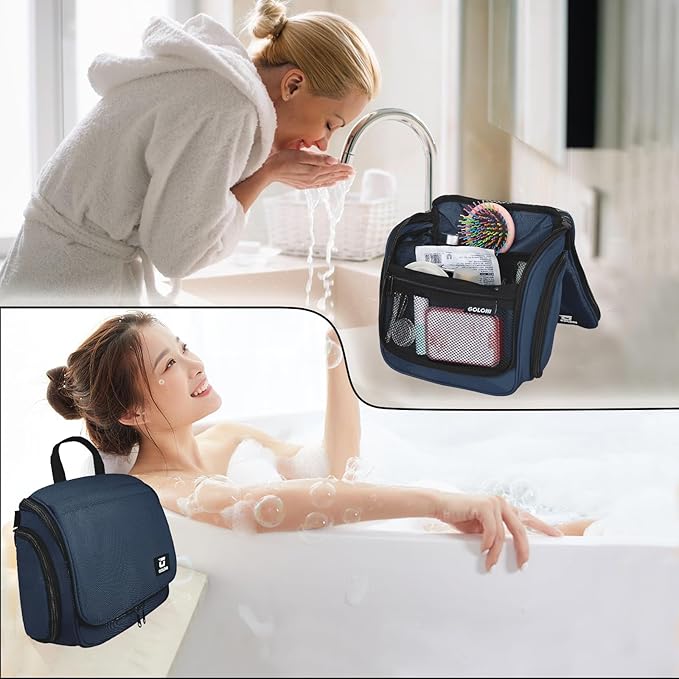 Goloni Hanging Toiletry Bag, 10 Compartments Water-Resistant Makeup Bag with 360° Spinning Metal Hook, Large Travel Cosmetic Organizer for Men & Women, Blue (7.05oz)
