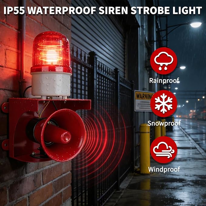 AC110V Industrial Siren Alarm Strobe Light-120dB Loud Horn&Red Beacon Warning Light,Waterproof Indoor/Outdoor Safety Alarm for Emergency,Factory,Office,Fires,Tornado,Intruders,Animal Deterrent