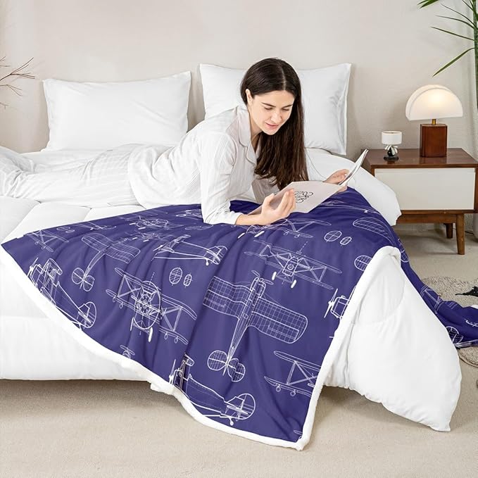 Hand-Painted Airplane Kids Throw Blanket,American Aircraft Toddler Bed Blanket for Girls Boys Adults,Air Vehicles Cartoon Fleece Blanket,Dark Blue Fuzzy Blanket,Queen Size (90 x 90 Inches)