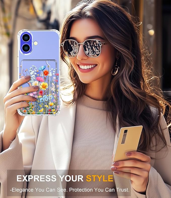 Compatible with iPhone 17 Case Card Holder for Women Cute Design,Wallet Phone Cases Transparent Cool Kawaii Protective (Clear Flowers Herbs Wild Plants)